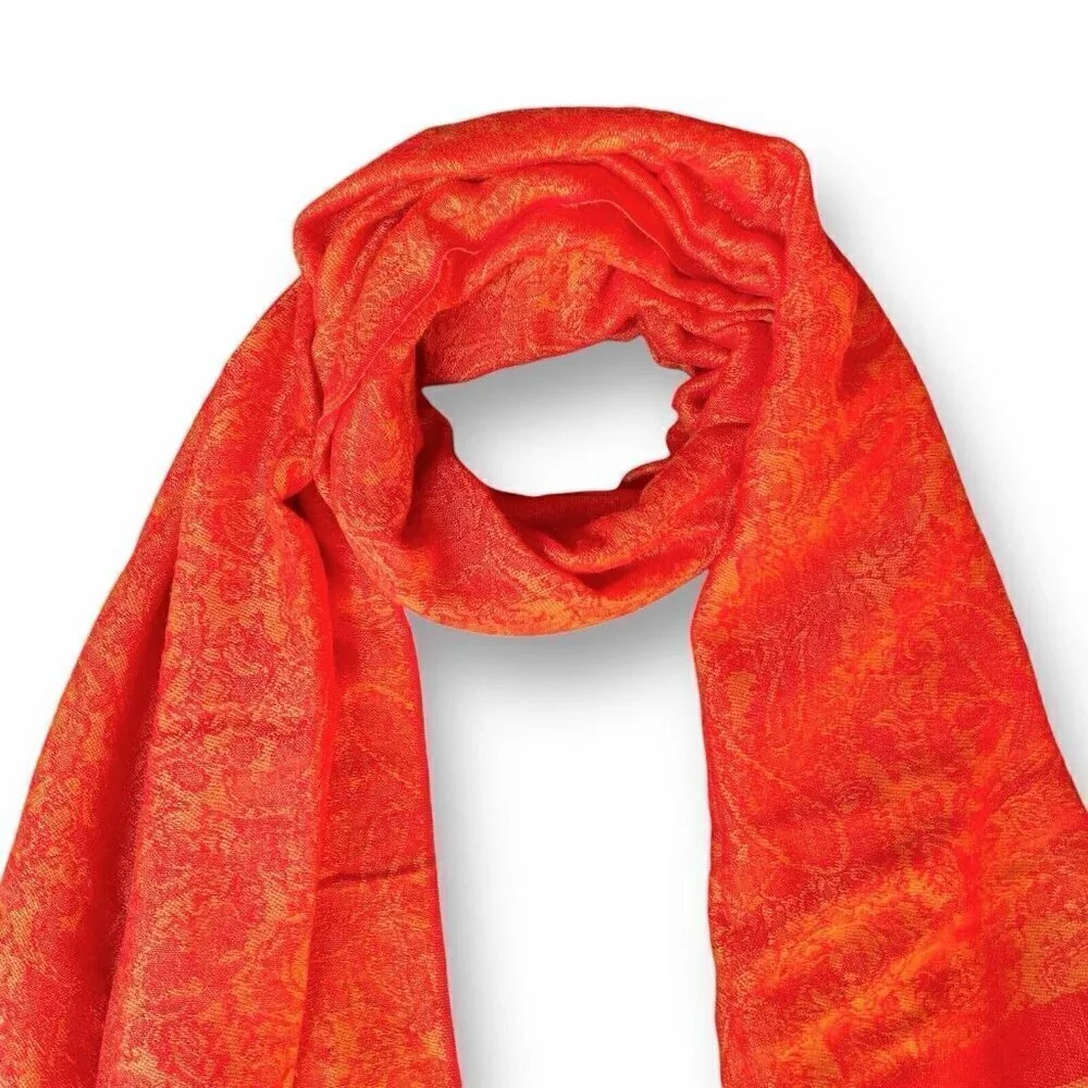 Womens Pashmina Silk Scarf Orange Red Paisley Boho Fringe Oversized Artsy